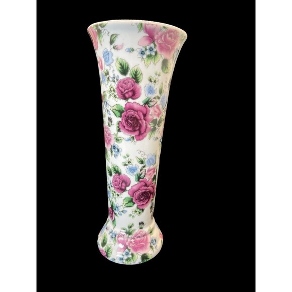 Vintage Va Bene Pink Flower Floral Handpainted Porcelain Vase 8" - Picture 3 of 8